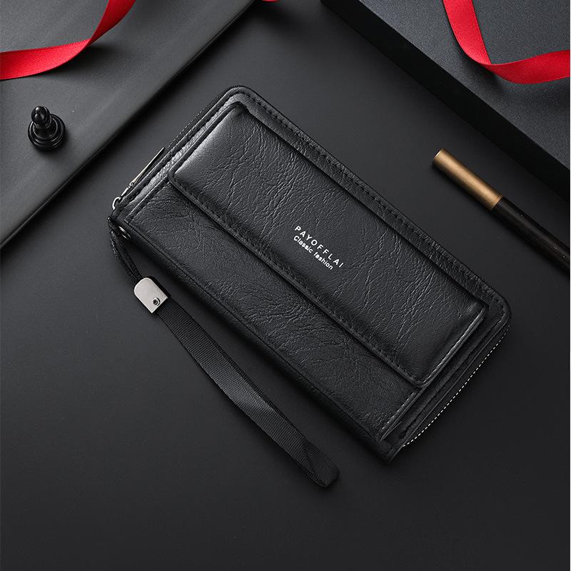 Men’s Leather Long Wallet RFID Blocking Clutch Wallet Large Capacity Zipper Bifold Purse Card Holder Coin Pocket Wrist Strap