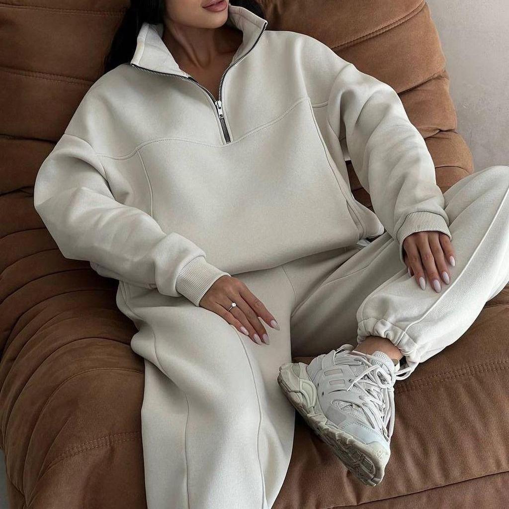 Europäischer und Amerikanischer Stil Lässiger Patchwork Verdickter Langarm-Sweatshirt und Hosen Set 2025