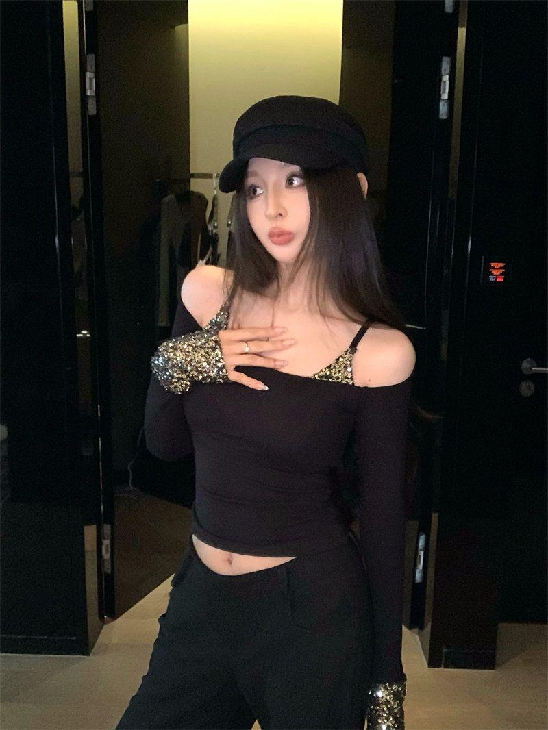 

Grey One-Shoulder Sequin Patchwork Long Sleeve T-Shirt for Women - Autumn/Winter Slim Fit M чорний