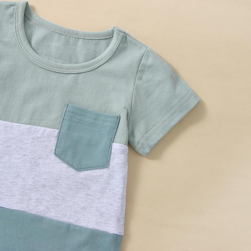 Toddler Boy Summer Clothes Set, Short Sleeve Round Neck Stripe Print T-Shirt + Elastic Waist Solid Shorts