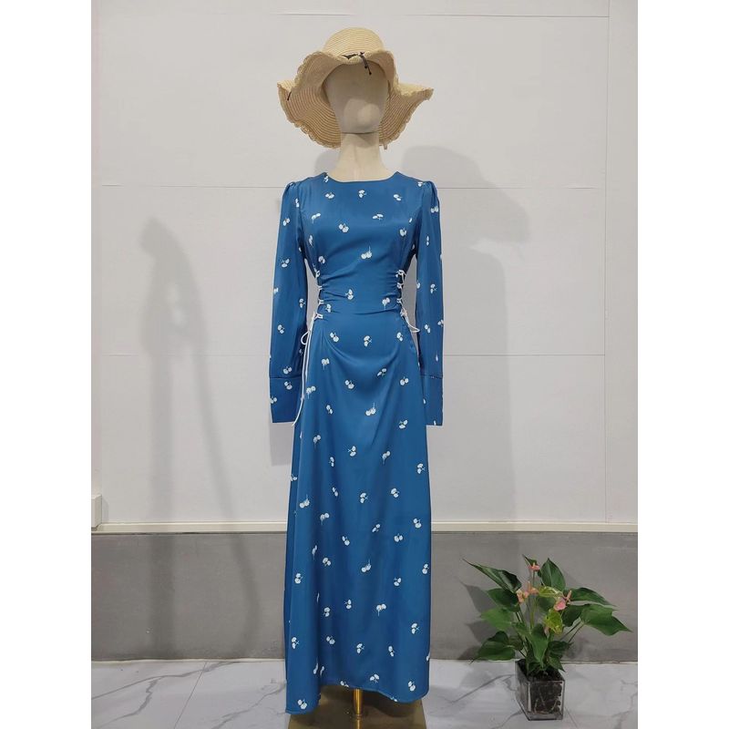 

Fashion Style Temperament Printed round Neck Lace-up Waist-Controlled Dress round Neck Neck Tied Waist Dress Sky Blue M