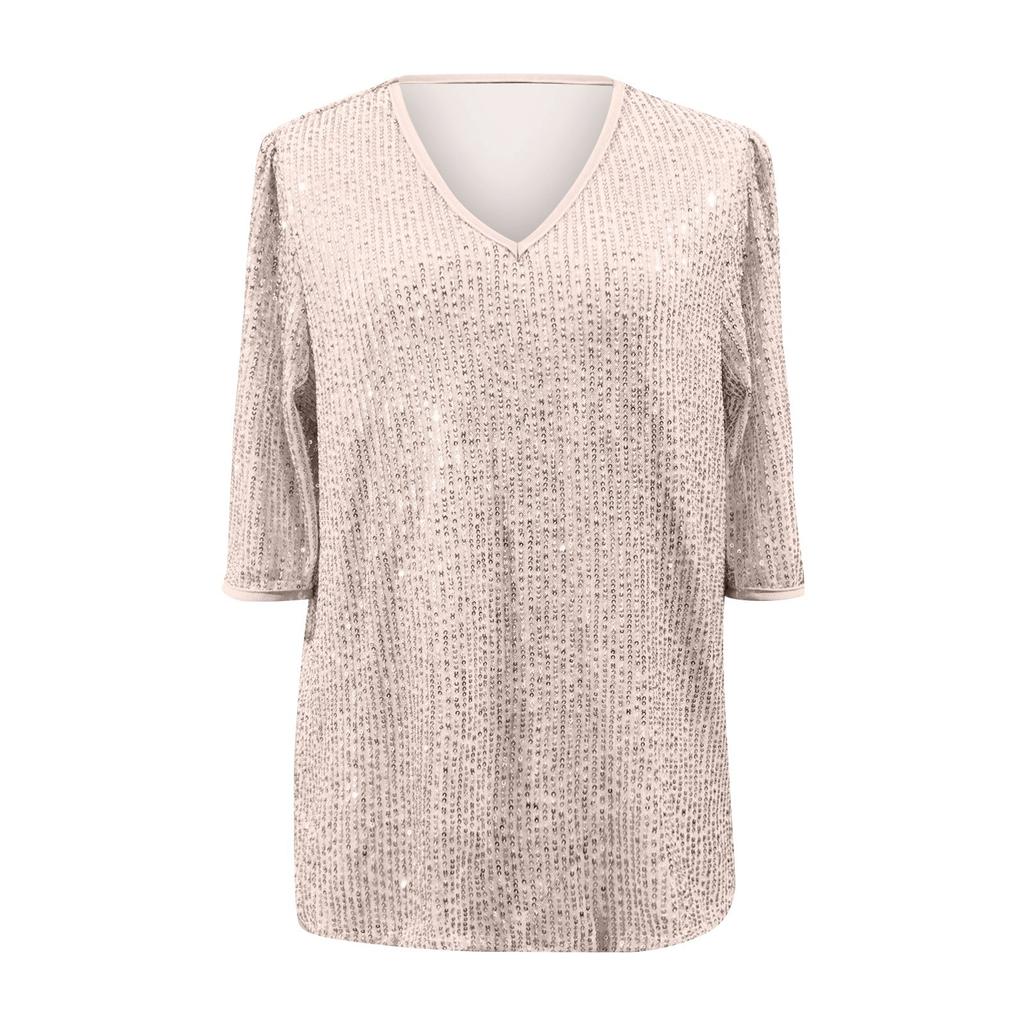 Plus Size Sequins Tops For Women Loose V Neck Short Sleeve Tunic Shirts Dressy Business Casual Party Blouse