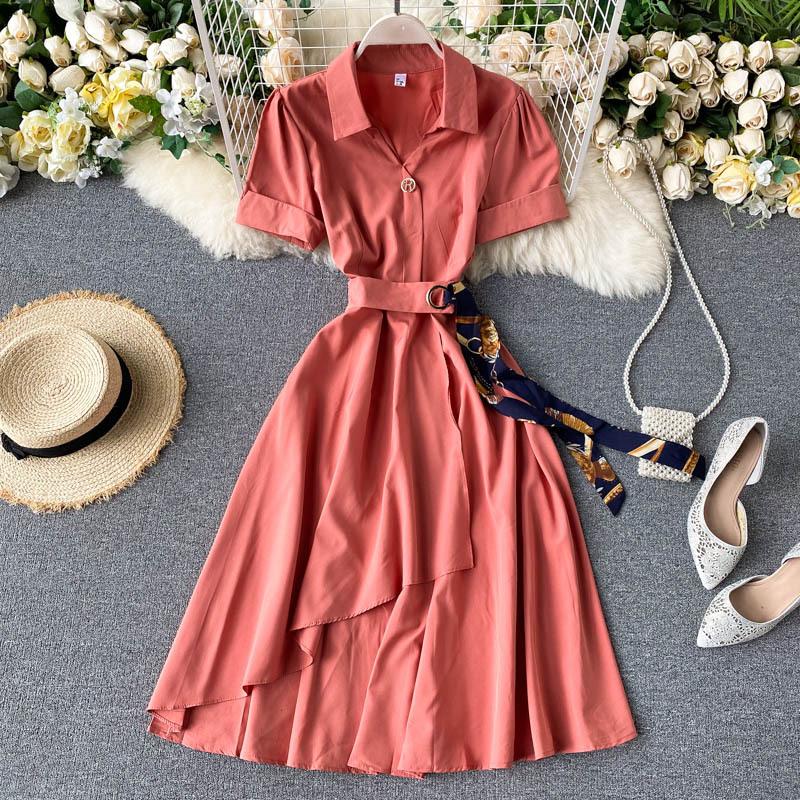 Letnia sukienka biurowa damska w jednolitym kolorze z kołnierzykiem i krótkim rękawem, damska, z paskiem w kształcie wstążki, nieregularna