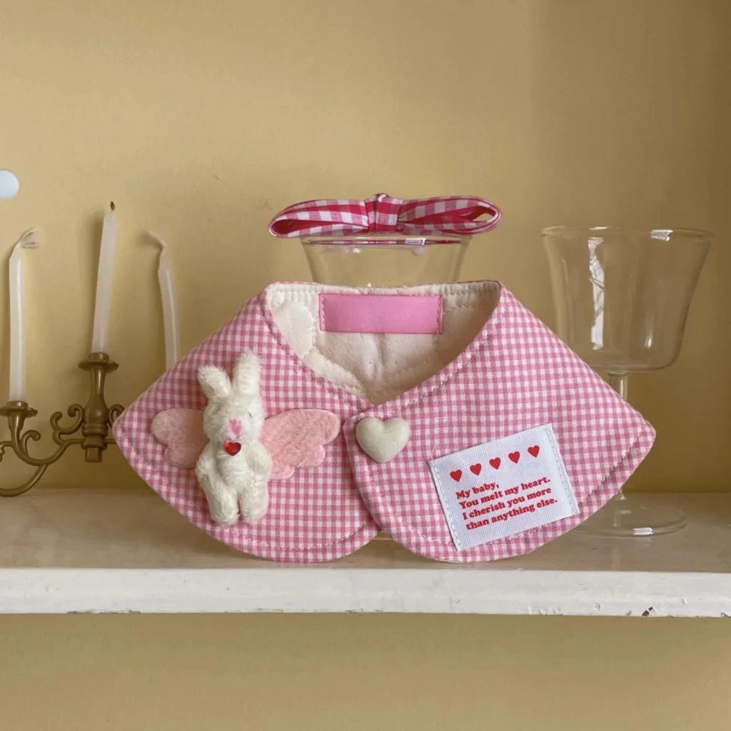 INS Cute Plaid Rabbit Cape, Pet Cat and Dog Pet Scarf, Mouth Water Towel Decoration Dog Accessories for Small Dogs Dogs Collar
