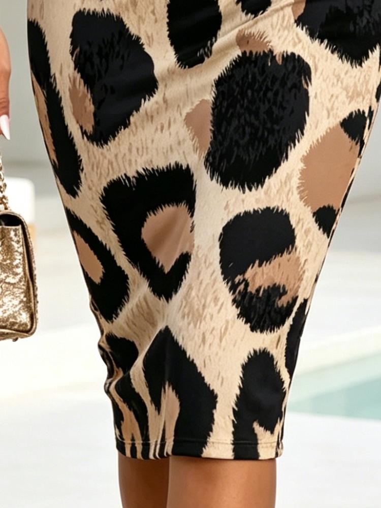 Abito Estivo da Donna Monospalla Midi Stampa Leopardo Beige Nero Bodycon Vestito Estivo