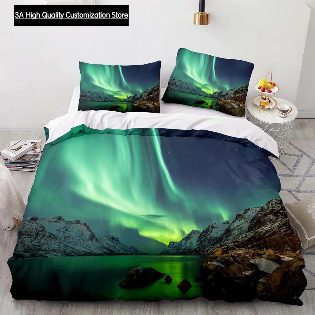 Landscape Duvet Cover Mountain Flowing Water Bedding Set Aurora Special Bedclothes with Pillowcases Teens Adults Women 200x200
