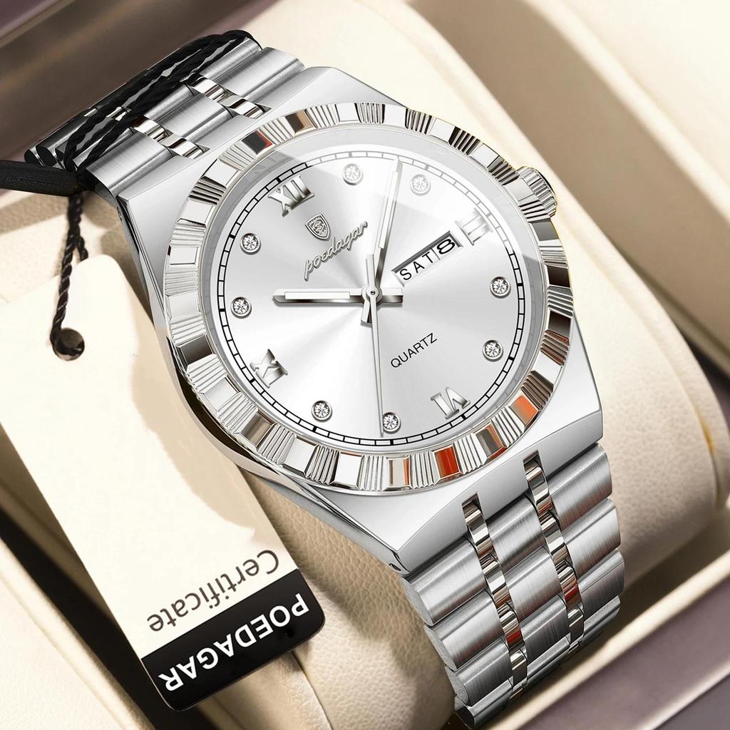 POEDAGAR Luxury Business Male Watch Waterproof Luminous Week Date Wristwatch Stainless Steel Trendy Quartz Watches for Men