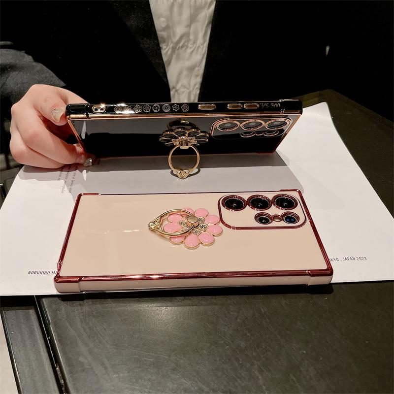 For Samsung Galaxy S24 Ultra Luxury Plating Frame Ring Stand Holder Phone Case For Samsung S21 S22 S23plus A25 A52 A54 A55 Cover
