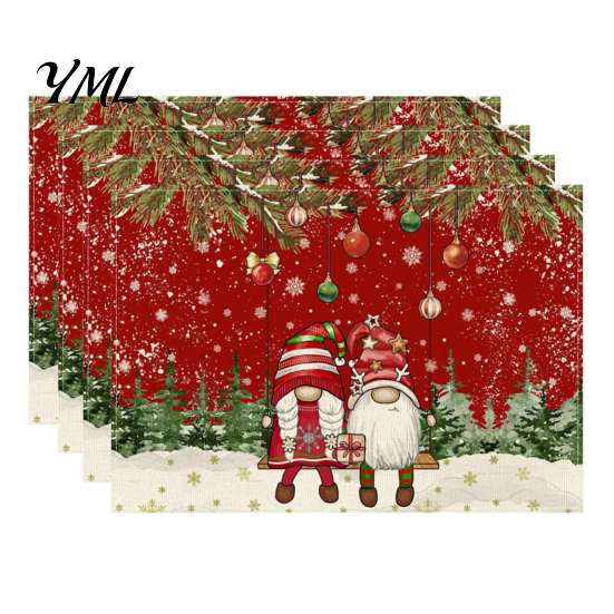 Holiday Party Supplies 4Pcs Christmas Linen Placemat Set, Cartoon Snowman Gingerbread Gnome Table Pattern Placemats Mat, Heat Resistant Place Mat for