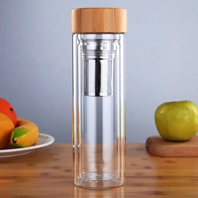 Stainless Steel Double Wall Glass Water Bottle Filters Bamboo Lid Travel Home Tea Infuser Office Thicken Teacup 300/400/500ML