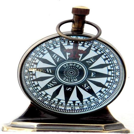 Brass Vintage Nautical Desk and Shelf Clock with Magnetic Compass, Numeric White Dial, Antique Finish for Study Table, Office