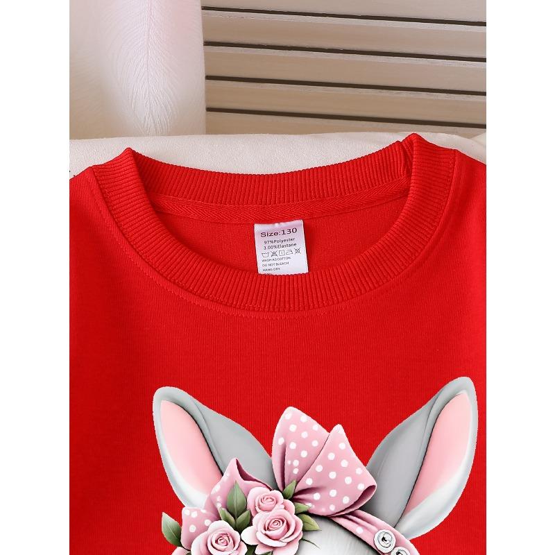 Girls Crew Neck SweatshirtCute Bunny with Pink Roses And Bow, Soft Cozy Pullover, Warm Casual Outfit for Autumn & Winter