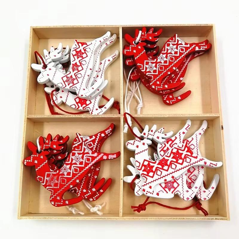 

New 12pcs/Set Christmas Decoration Pure Wood Pendant Elk Bell Snowflake Stars Wood Pendant Christmas Tree Pendant Decor Supplies 1set