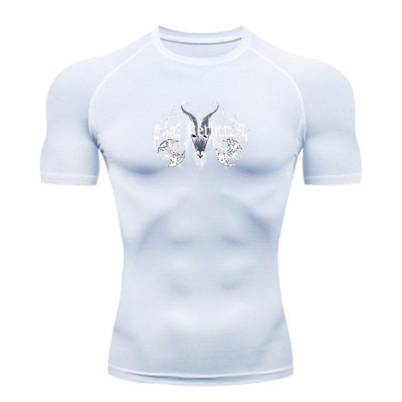 Men's Compression Athletic Workout T-Shirt, Goat Head Graphic Black Death Metal Style Quick Dry Sports Shirt for Gym Running Training Fitness Activewe