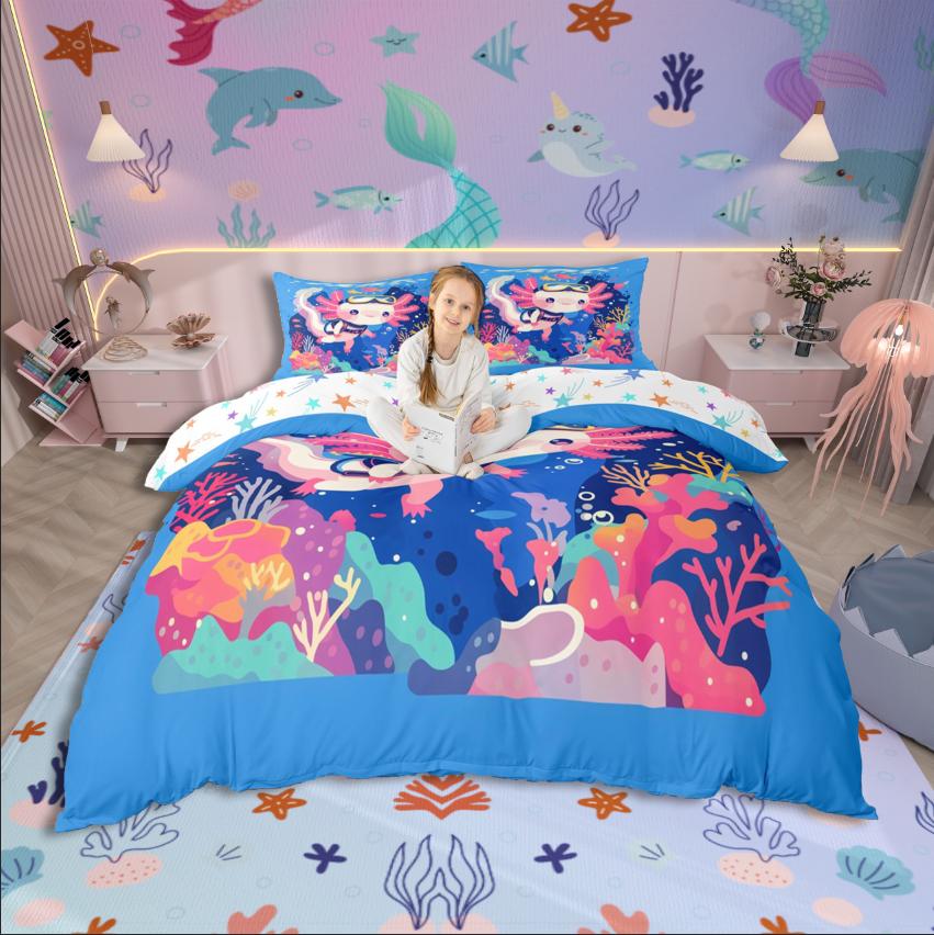 Homewish Cartoon Animal Axolotl Duvet Cover SetFlower Butterfly For Kids Bedding SetKawaii Wildlife Bed Set