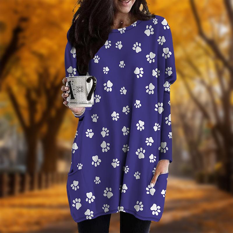 New In Autumn Solid Color Dog Paw Print Plus Size Dress Women O'neck Long Sleeves Casual Pocket Dresses