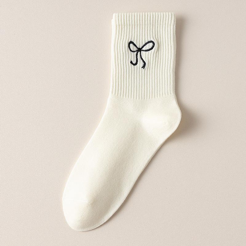 Solid Color Versatile Mid-calf Socks, Simple Long Socks for Autumn and Winter, Cute Bow Cotton Socks, Women's Socks for Spring and Autumn