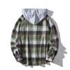 Spring Autumn Men's Checkered Hooded Shirt Man Casual Loose Button Up Plaid Shirts