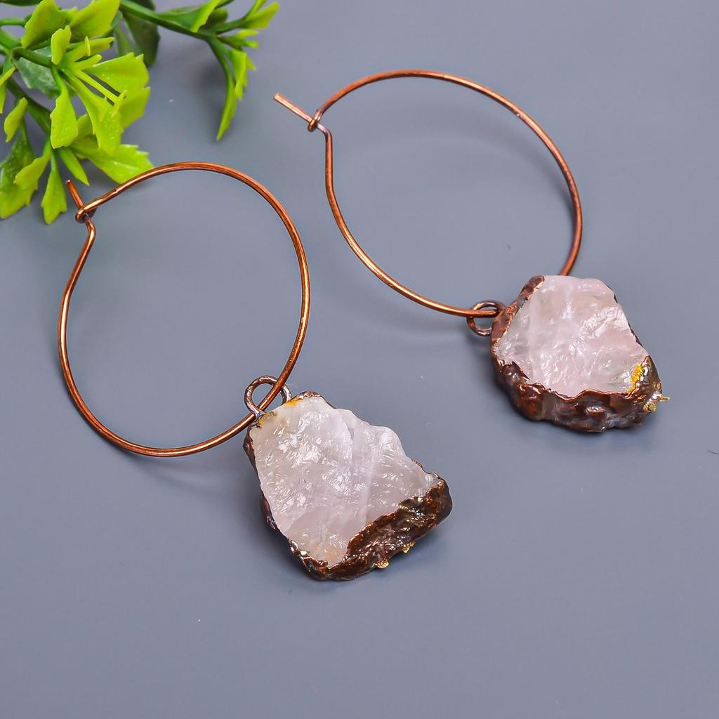 Rose Quartz Rough Stone Friendship Day Hoop Huggie Sisters Gift Earrings Copper V-9