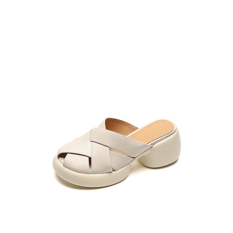 

Fashion 2025 Summer Sandals Split Leather Round Toe Slippers Platform Gladiator Shoes Chunky Heels Shoes for Women Handmade High Heels 34 бежевый