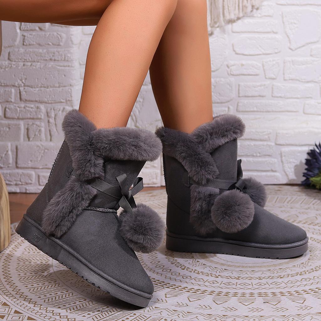 Fashion Sweet Pink Furry Non Slip Snow Boots Women 2025 Winter Warm Fluffy Fur Flats Ankle Boots Cute Pom-Pom Designer Girl's Shoes 41