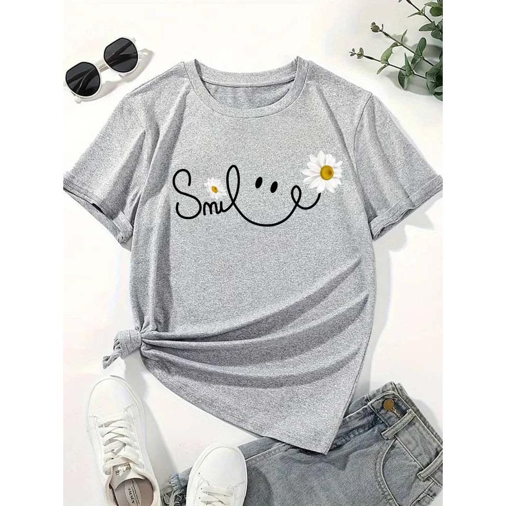 Beautiful Daisy Smile Letter Printed T Shirt Harajuku Fashion Graphic Black T Shirt Shirt Casual O-neck Female Tops Tee