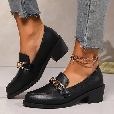 Fashion Metal Chain Black Loafers Shoes for Women 2025 Spring Comfortable Chunky Heels Pumps Woman Black Pu Leather Slip On Dress Shoes