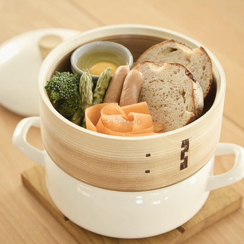 Fuji Enamel Pot, 18cm, with Steamer, White, AMZ-SER18.W