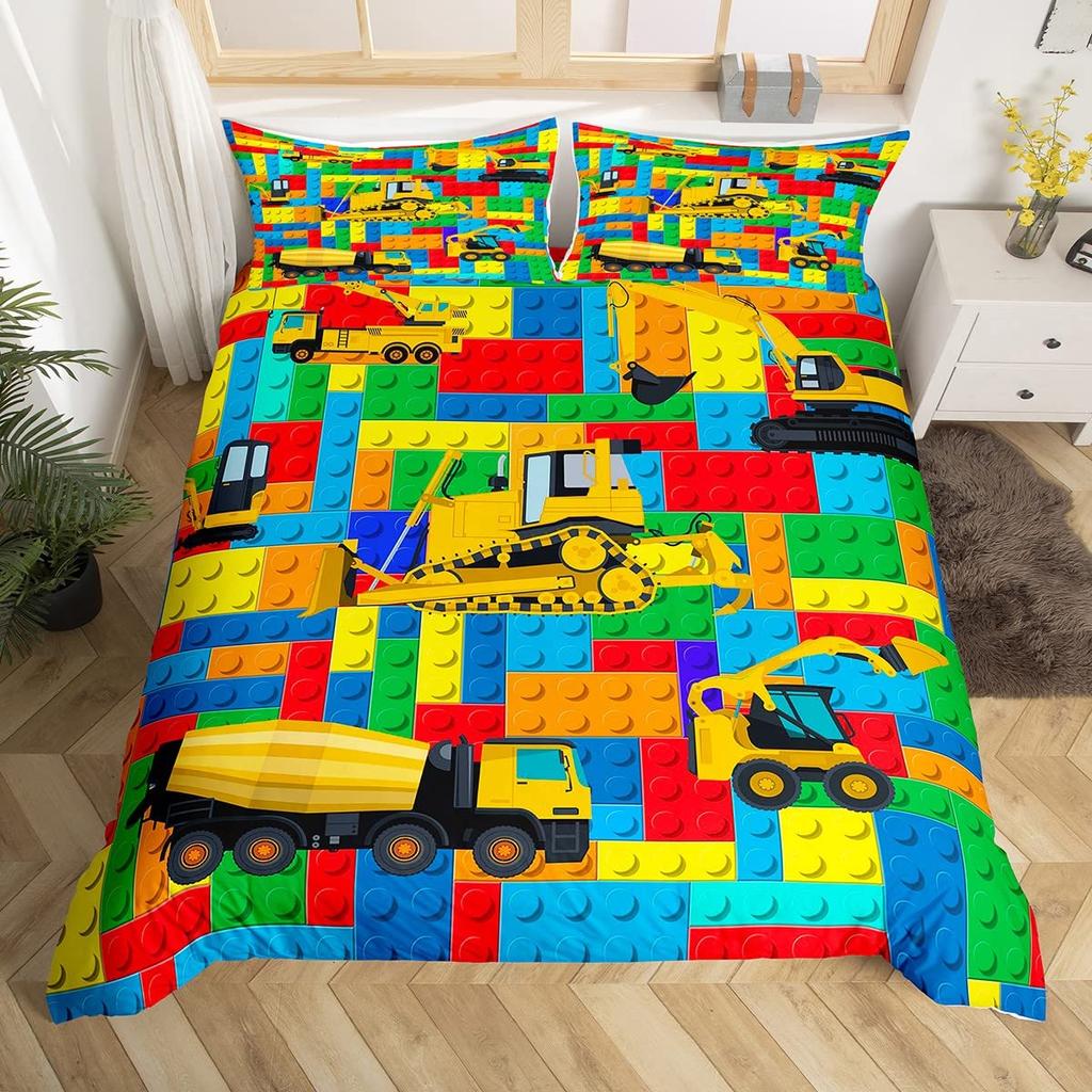 Truck Excavator Bed Cover Collection Queen Size Size Kids-oriented Nursery Cartoon Tractor Engineering Vehicle Construction Theme Bed Linen Collection