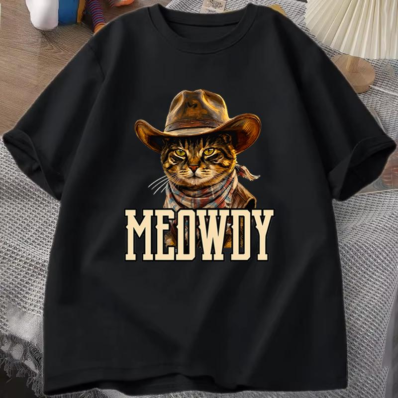 Cat Lover Casual Short Sleeve Tshirt Vintage Western Cowboy Cat Graphic T Shirts Unisex Cat Owner Country Western Casual Tee