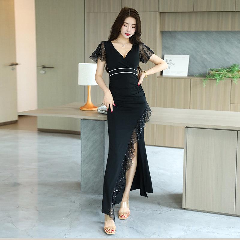 Huiyan Sexy Rhinestone Nightclub Dress - Slimming Low-Cut Summer Gown for Foot Bath Technicians XL