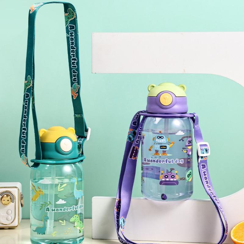 Cute Kids Water Bottle With Straw BPA Leakproof Outdoor Portable Children's Cups School Water Bottle Cartoon Anime Student Strap Water Cup