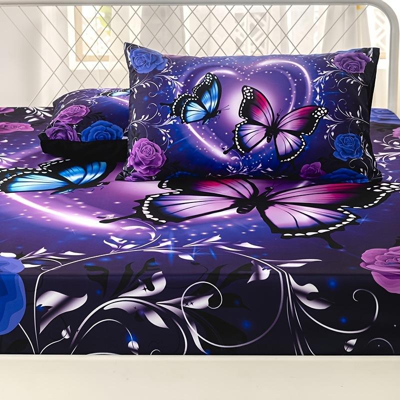 Purple Butterfly Floral Pattern Bed Hat Three-Piece Digital Printing Bedroom Room School Dormitory Bedding