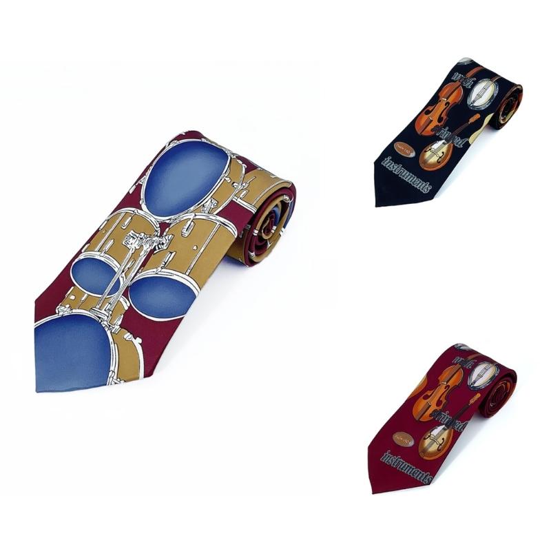 Stylish Men's Necktie Features Guitar And Drum Design For Music Enthusiasts And Casual Business Wear