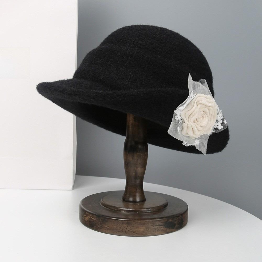 

Lace Hepburn Style Topper Hat Floral Women Fisherman Hat Elegant Black Knitted Hat Autumn Winter чёрный