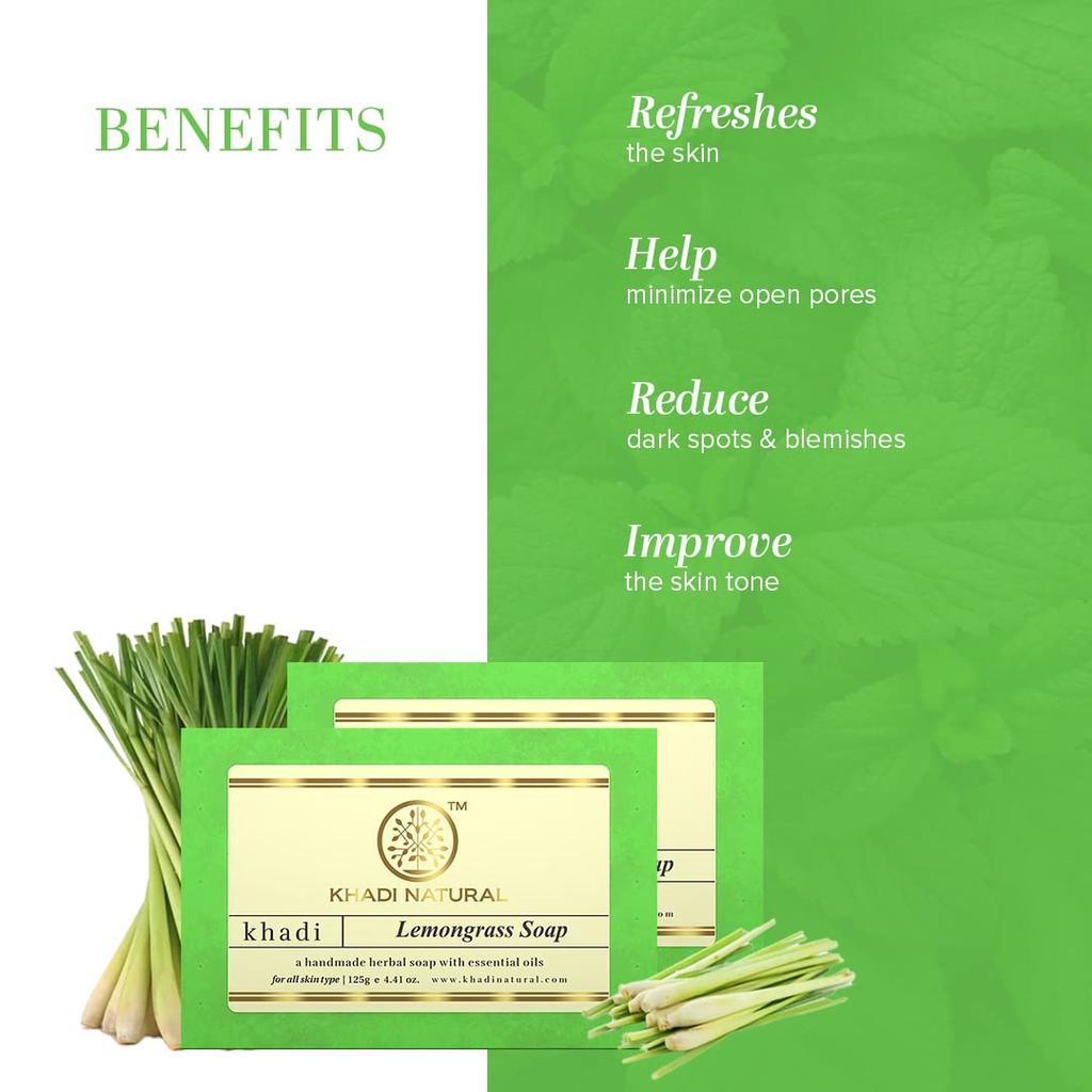 Khadi Natural Lemongrass Herbal Bathing Soap 125 gX Pack Of 2 Deep Cleansing Bar For All Skin Types Daily Use