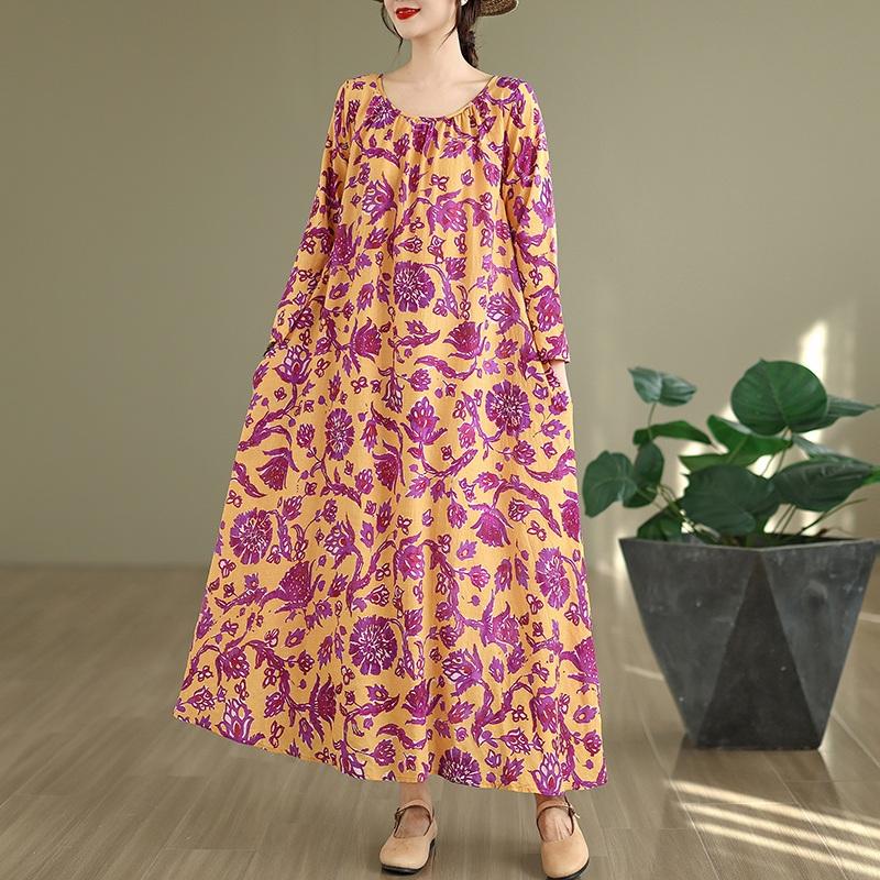 Long sleeve plus size cotton vintage floral new in dresses for women casual loose spring autumn dress