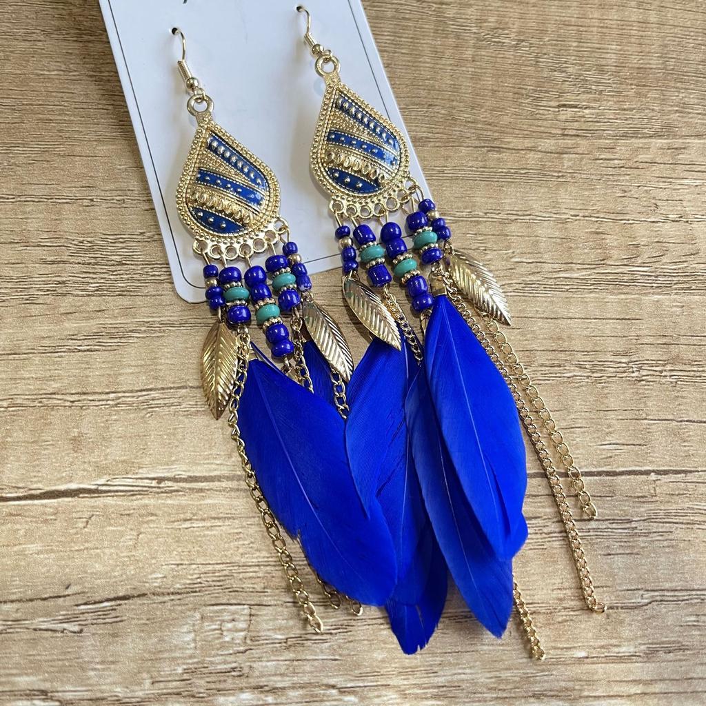 Vintage Bohemian Feather Tassel Earrings Exaggerated Ethnic Vacation Dangle Ear Jewelry Fashion Accessories For Women