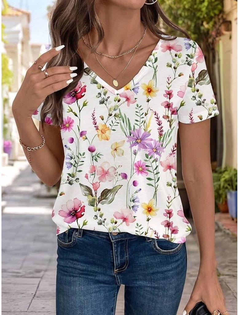 Women's fashionable printed T-shirt with floral pattern, casual short-sleeved V-neck, regular top, everyday printed T-shirt, casual blouse