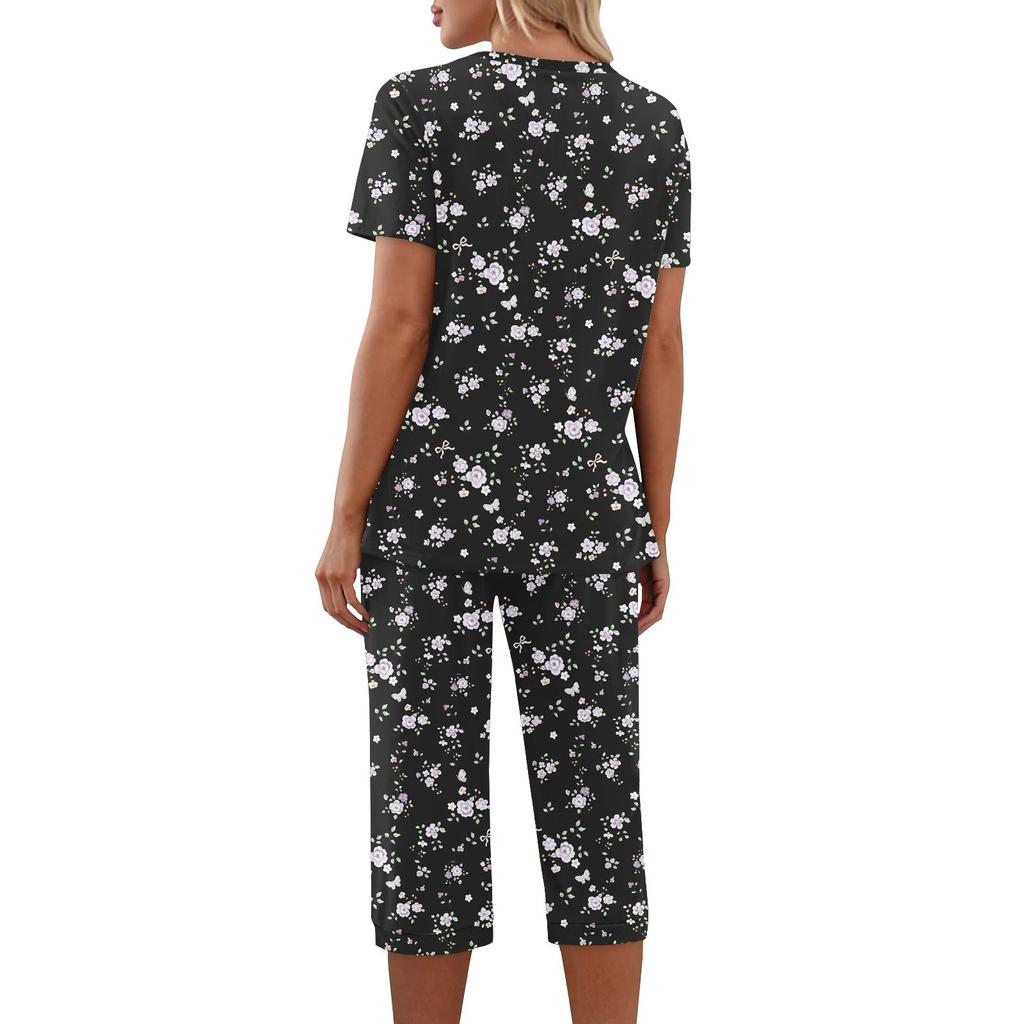 2 Piece Sets For Women Short Sleeve Top And Pants With Pockets Workout Soft Floral Print Sets