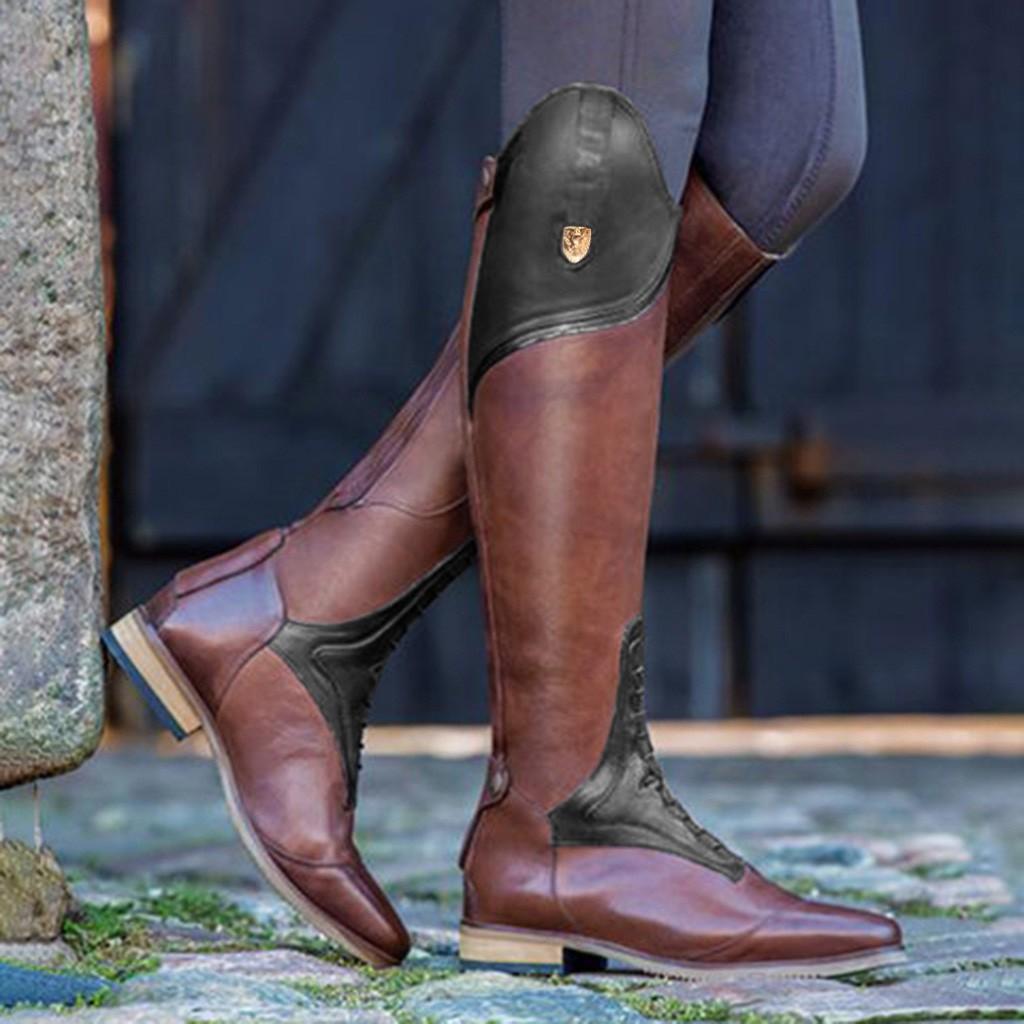 Sagit Mode Femmes Bout Rond À ​​Talons Bas Fermeture Éclair Dames Chaussures Western Tube Haut Bottes