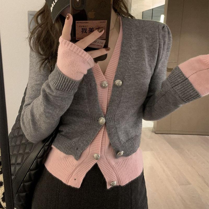 

Gentle wind fake two-piece knitted cardigan women s spring and autumn new design sense loose and thin soft waxy top coat one size fits all серый