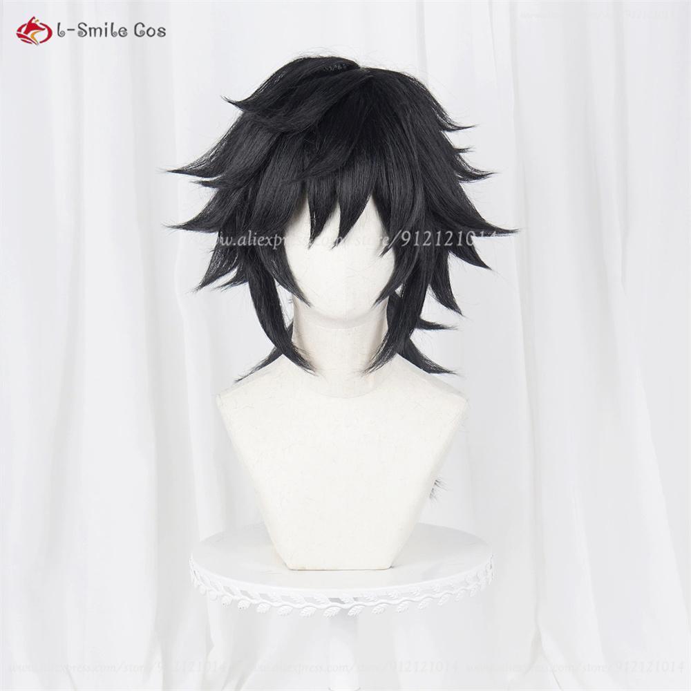 Anime Tomioka Giyuu Cosplay Pruik 40cm Zwart Voorgolfde Pruik Voor Man Unisex Hittebestendig Synthetisch Haar Halloween Pruiken One Size black
