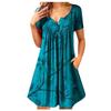 Ladies Casual Round Neck Button Ruched Trim Printed High Waist Loose Dress