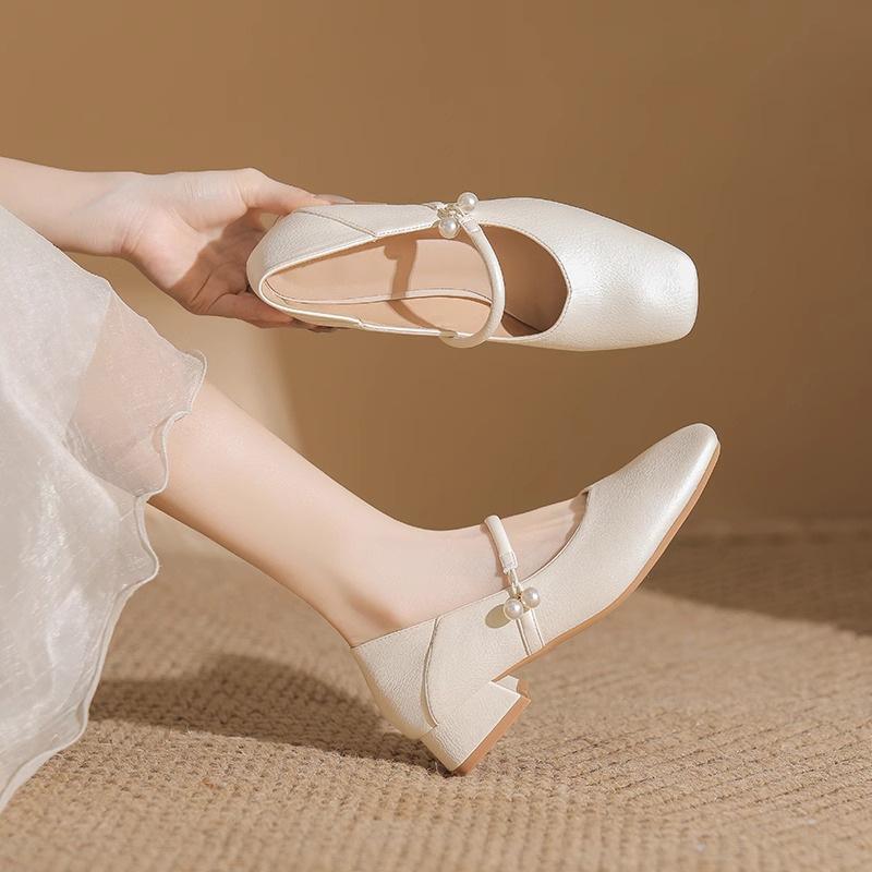 Fashion elegant ladies pearl buckle low heel shoes woman two wears slip on moccasins female chunky heel soft leather pumps big size 43