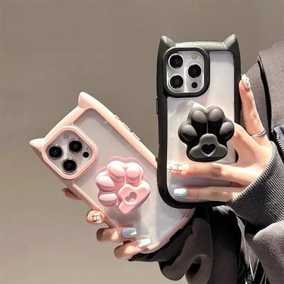 Coque de téléphone avec support Tok en forme de griffe d'oreille de chat 3D, étui Transparent en acrylique pour iPhone 15 14 13 12 11 Pro Max Plus XR