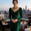 Damen Samt Abendkleid mit langen Ärmeln, Schal-Ausschnitt, Raffung, Schlitz, Bodycon-Kleid, Midi-Kleid für Hochzeitsgäste