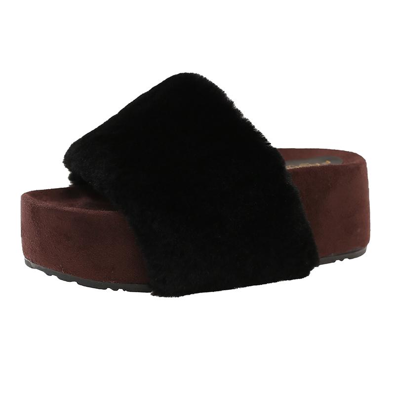 New Women's Fashion Slippers Round Toe Platform Sole High Heels One-line Fur Slippers Outdoor Fashion All-match Suede Flat Shoes