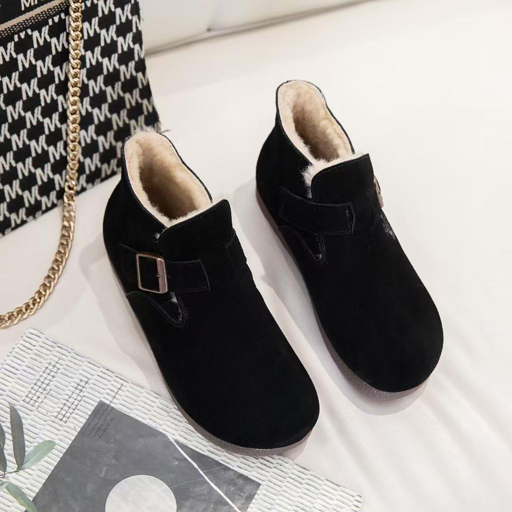 Leather snow boots women's cotton shoes autumn and winter new soft-soled piled thickened warm fluffy shoes flat short boots