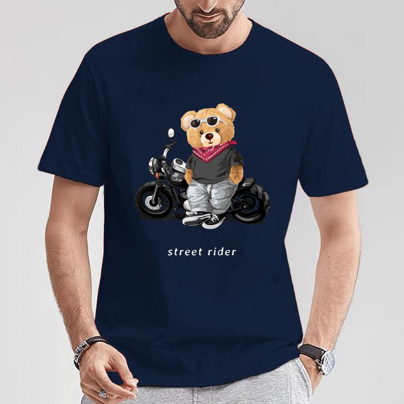 Motorcycle Lovers Street Teddy Knight Print T-Shirt Men's Loose Casual Short Sleeve Summer 100% Cotton Clothing in 2024